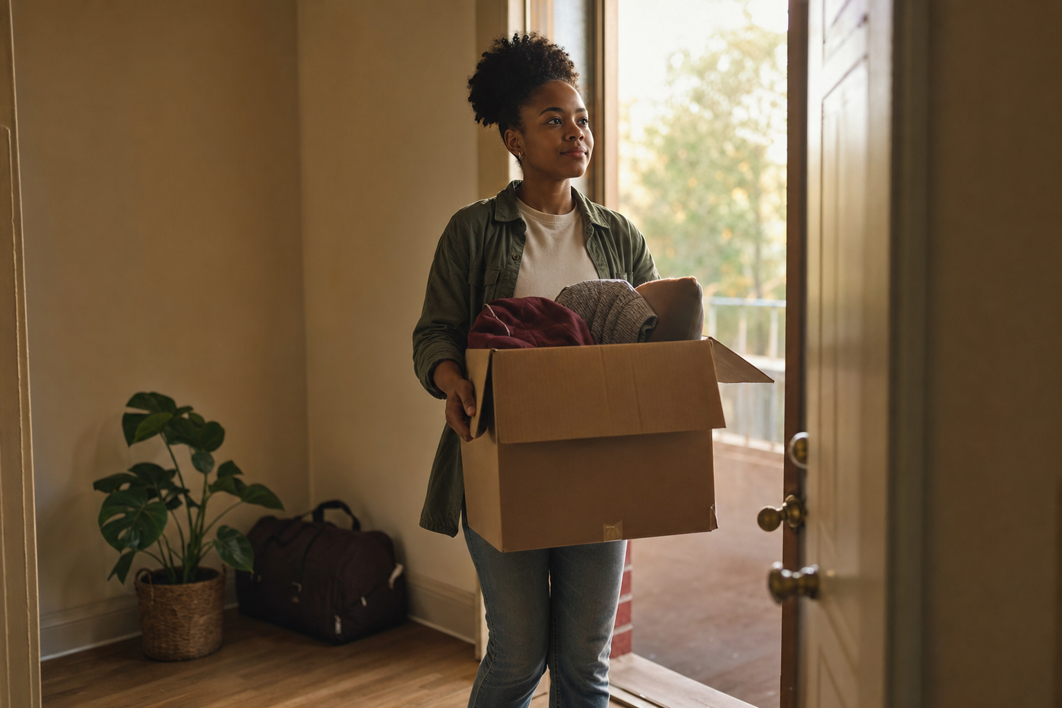A young woman carrying a moving box into her new home at doorway with soft morning light.