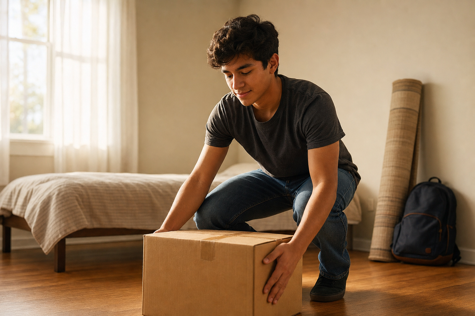 A young man setting down a moving box in a sunlit bedroom, with a rolled rug and backpack nearby.