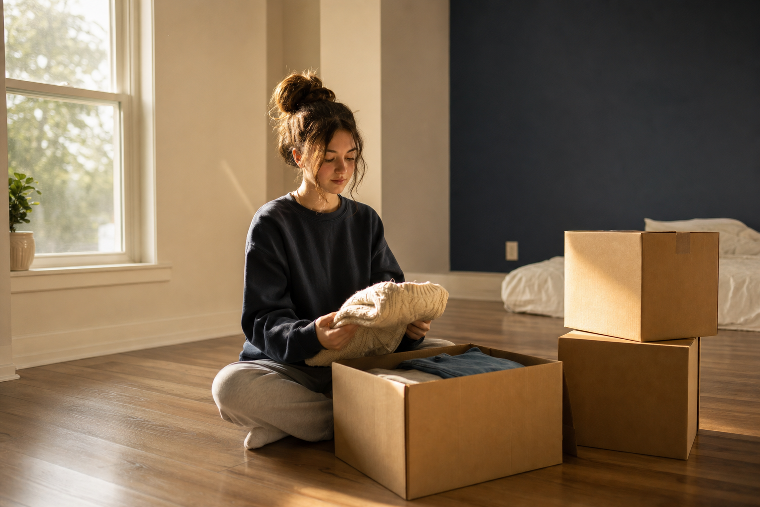A young woman sitting on the floor of her new bedroom unpacking a folded sweater from a moving box.