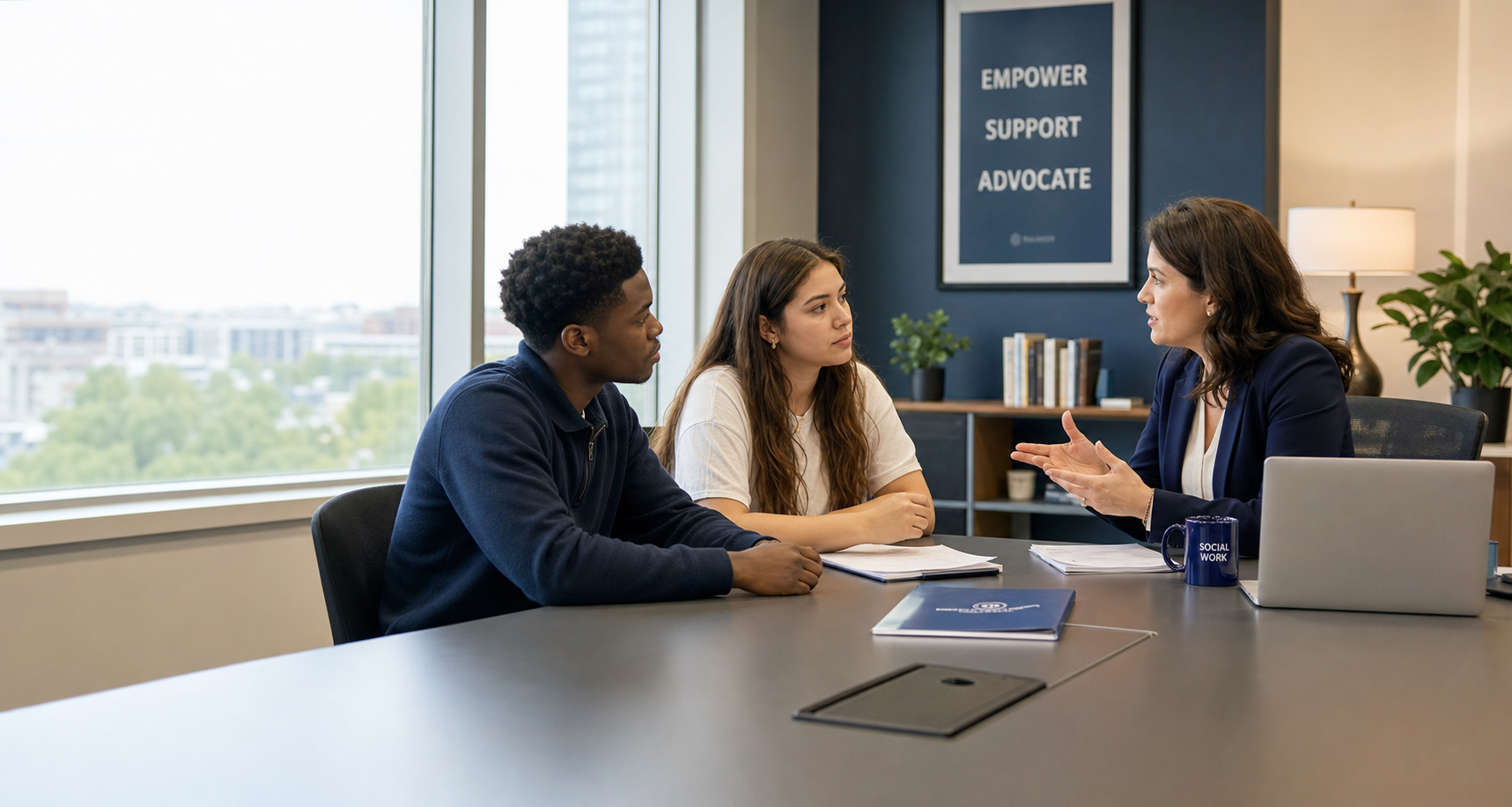 Two young adults meeting with a social worker in a professional office setting, reviewing transition plans.